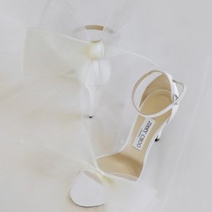 Authentic Jimmy Choo Aveline Latte Heels with Bow, Size 39